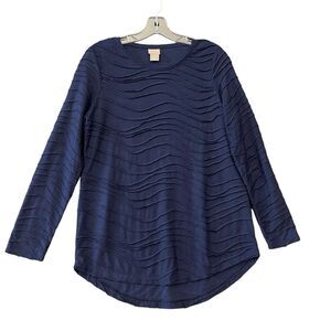 CHICOS Women's Blue Tunic Layered Look 3/4 Sleeve Round Neck SZ/0